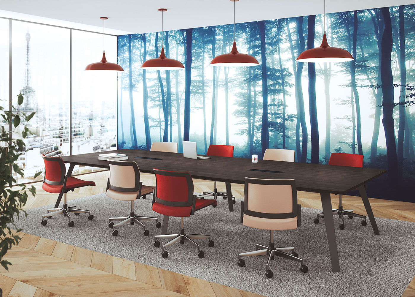 Salle de réunion avec une grande table Altitude et des chaises Swany rouge et beige